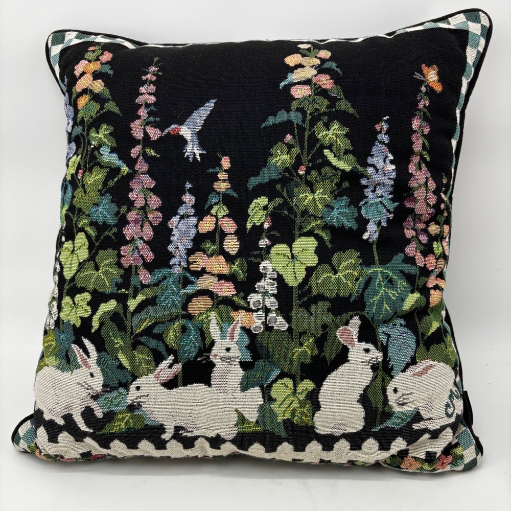 Claire Murray Woven Tapestry Rabbit Hummingbird Garden Throw Pillow 16x16 Black